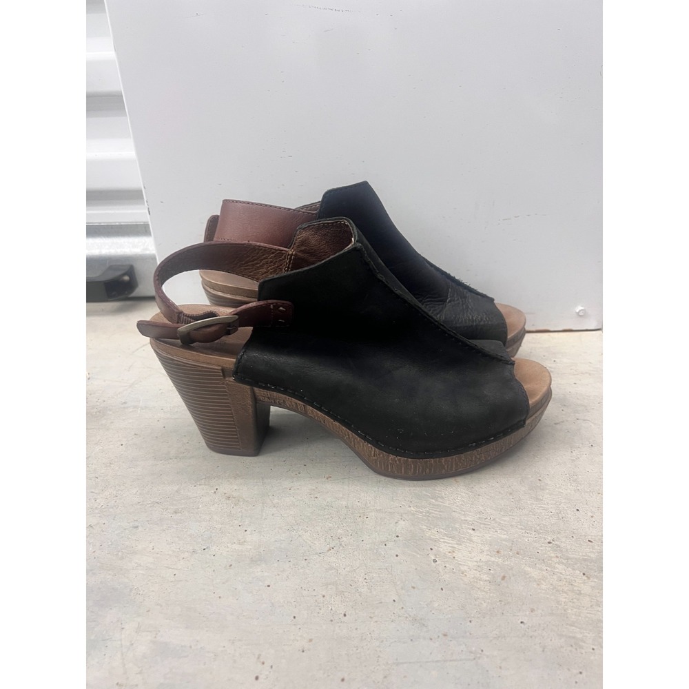 Dansko Reggie Sandals Womens EU 40 Black Leather Peep Toe Slingback Block Heel